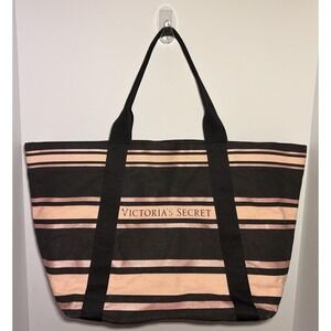 Victoria Secret Striped Canvas Weekender XL Tote Beach Bag Pink/Black VTG